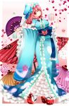  cherry_blossoms fan hat japanese_clothes kimono nagare petals pink_eyes pink_hair saigyouji_yuyuko sash solo touhou triangular_headpiece 