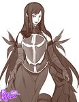  agawa_ryou armor armored_dress artist_name bare_shoulders breastplate castlevania castlevania:_order_of_ecclesia curtsey elbow_gloves faulds gloves greyscale long_hair looking_at_viewer md5_mismatch monochrome over-kneehighs shanoa side_slit smile solo thighhighs very_long_hair 