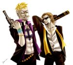  2boys alternate_costume belt blonde_hair bracelet brown_hair cigarette formal gun jewelry jolly_roger kamuna8046z male male_focus marco mouth_hold multiple_boys necklace one_piece pirate purple_shirt scar scarf shirt sunglasses tattoo thatch weapon whitebeard_pirates 