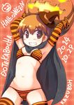  aioi_yuuko bikini brown_eyes brown_hair elbow_gloves gloves halloween hat highres jack-o'-lantern kazuboh nichijou short_hair solo striped striped_bikini striped_gloves striped_legwear swimsuit thighhighs witch_hat 