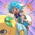  1girl animal_ears blue_hair blue_skirt blush caught costume dated funasshii galaxy_angel highres isedaichi_ken looking_at_viewer mascot_costume mint_blancmanche open_mouth rectangular_mouth short_hair signature skirt solo thighhighs yellow_eyes 