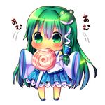 :3 candy chibi chocolat_(momoiro_piano) detached_sleeves food frilled_skirt frills frog_hair_ornament green_eyes green_hair hair_ornament highres kochiya_sanae lollipop long_hair looking_at_viewer mouth_hold skirt snake_hair_ornament solo touhou translated 