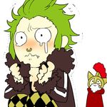  2boys bartolomeo blush chibi curry_gohan dressrosa green_hair helmet monkey_d_luffy multiple_boys nnk_karemeshi one_piece 