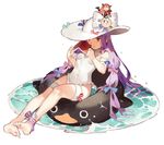  alternate_costume ankle_ribbon arm_strap bare_shoulders barefoot blush book bow breasts casual_one-piece_swimsuit character_doll covered_navel frilled_swimsuit frills full_body hair_bow hat hat_bow innertube jpeg_artifacts koakuma long_hair one-piece_swimsuit patchouli_knowledge purple_eyes purple_hair ribbon small_breasts solo starshadowmagician sun_hat swimsuit thigh_strap touhou very_long_hair water white_background white_swimsuit 