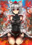  animal_ears autumn_leaves bare_shoulders breasts collarbone detached_sleeves forest groin hat impossible_clothes inubashiri_momiji large_breasts leaf looking_at_viewer nature navel pom_pom_(clothes) red_eyes rinaka_moruchi short_hair silver_hair sitting smile solo tokin_hat touhou tree wariza wolf_ears 