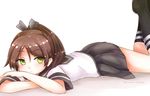  bad_id bad_pixiv_id blush brown_hair closed_mouth crossed_arms feet_up green_eyes hair_ribbon kantai_collection looking_at_viewer lying on_stomach ponytail ribbon school_uniform serafuku shikinami_(kantai_collection) short_hair skirt socks solo white_background yonerinoko_(banberabu) 