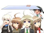  :d :o =_= ahoge black_hair blonde_hair blue_eyes blush bow braid brown_eyes brown_hair eyebrows fang francesca_lucchini hair_ribbon hanna-justina_marseille holding huge_ahoge inufusa_yuno isosceles_triangle_(xyzxyzxyz) jacket light_brown_hair long_hair long_sleeves looking_up lynette_bishop military military_uniform motion_lines multiple_girls necktie open_mouth purple_eyes red_scarf ribbon scarf simple_background single_braid smile static_cling strike_witches sweater_vest trait_connection twintails uniform vest white_background white_ribbon wilma_bishop world_witches_series 