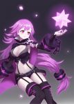  1girl arm_belt bangs belt black_shorts breasts bustier cape chains cleavage cuffs detached_sleeves forever_7th_capital garter_straps grey_background highres large_breasts long_hair low-tied_long_hair lulu_(forever_7th_capital) midriff navel pale_skin parted_lips purple_eyes purple_hair short_shorts shorts solo suspenders thighhighs underbust very_long_hair ziko 