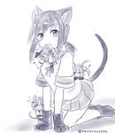  animal_ears bad_id bad_pixiv_id cat_ears cat_tail character_request female_admiral_(kantai_collection) fubuki_(kantai_collection) hat inazuma_(kantai_collection) kantai_collection kemonomimi_mode minigirl monochrome mouth_hold multiple_girls oversized_clothes short_hair tail yonerinoko_(banberabu) 