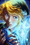  1boy blonde_hair blue_eyes fairy fingerless_gloves gloves glowing hat instrument kuroi-tsuki link navi ocarina_of_time the_legend_of_zelda the_legend_of_zelda:_ocarina_of_time 