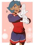  aqua_hair beamed_eighth_notes cowboy_shot dark_skin dark_skinned_male gloves goalkeeper inazuma_eleven inazuma_eleven_(series) little_gigant male_focus mizuhara_aki musical_note open_mouth rococo_urupa soccer_uniform solo sportswear 