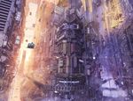  arsenixc building cityscape cyberpunk flying_car highres lens_flare meteora no_humans orange_(color) purple realistic scenery science_fiction sun 