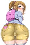  ass ass_focus backpack bad_id bad_pixiv_id bag blue_eyes blush breasts breasts_outside brown_hair censored from_behind gundam gundam_build_fighters gundam_build_fighters_try heart highres hoshino_fumina large_breasts looking_back nipples ponytail pussy_juice shorts silly_(marinkomoe) skin_tight smile solo thighhighs trefoil v vibrator_under_clothes 