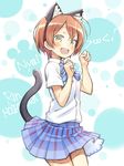  animal_ears blush cat_ears cat_tail hoshizora_rin kuinji_51go looking_at_viewer love_live! love_live!_school_idol_project open_mouth orange_hair paw_pose plaid plaid_skirt short_hair short_sleeves skirt smile solo tail yellow_eyes 