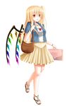  bag blonde_hair blush breasts casual contemporary flandre_scarlet hanazome_dotera handbag highres light_smile long_hair medium_breasts older red_lips sandals side_ponytail skirt solo touhou white_background wings 