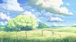  barbed_wire blue_sky building cloud dated day fence field grass highres kalafina landscape no_humans outdoors scenery sky tree wallpaper yuuko-san 