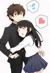  1girl black_hair brown_hair chitanda_eru closed_eyes couple gakuran green_eyes heart hetero hug hyouka long_hair oreki_houtarou school_uniform serafuku shimoku_reyu short_hair spoken_heart spoken_sweatdrop sweatdrop 