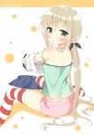  alternate_costume alternate_hairstyle blonde_hair blue_eyes camisole dated kantai_collection long_hair masuishi_kinoto ponytail shimakaze_(kantai_collection) skirt solo strap_slip tank_top thighhighs twitter_username undressing 