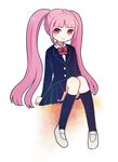  alternate_costume ayu_(mog) black_legwear black_skirt danganronpa long_hair long_sleeves pink_eyes pink_hair pleated_skirt school_uniform simple_background skirt smile socks solo twintails utsugi_kotoko very_long_hair white_background zettai_zetsubou_shoujo 