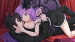  1girl black_hair blush breasts cleavage dress eye_contact formal girl_on_top hand_on_another's_face hat hetero horns imminent_kiss kazenokaze large_breasts long_hair looking_at_another off_shoulder open_mouth original playing_with_another's_hair purple_eyes purple_hair red_eyes tuxedo 