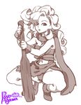  agawa_ryou ankle_boots artist_name ayla_(chrono_trigger) boots caveman chrono_trigger club curly_hair greyscale long_hair md5_mismatch monochrome planted_weapon scarf solo squatting strapless tribal tubetop weapon wristband 