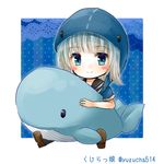  animal_hood blue_eyes blush_stickers chibi doll_hug hood looking_at_viewer original silver_hair sitting smile solo stuffed_whale yuzucha_(sora-neko) 