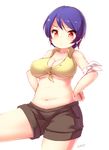  artist_name blue_hair blueberry_(5959) breasts cleavage hands_on_hips large_breasts navel original red_eyes short_hair shorts simple_background solo white_background 