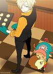 1boy baking blonde_hair blue_eyes bread checkered checkered_floor chef cooking curry_gohan food hat heart kitchen nnk_karemeshi one_piece oven_mitts pinstripe_pattern reindeer sanji smile tony_tony_chopper waistcoat 