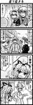  4koma 5girls :d ahoge alice_margatroid alternate_hairstyle animal_ears choker comic cup enokuma_uuta fox_ears fox_tail glasses greyscale hairband hat highres lolita_hairband long_hair monochrome morichika_rinnosuke multiple_boys multiple_girls multiple_tails open_mouth pompadour short_hair shouten_pegasus_mix_mori smile sunglasses table tail touhou translated yakumo_ran yakumo_yukari 