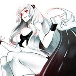  airfield_hime bad_id bad_pixiv_id bare_shoulders bodysuit breasts from_below highres horns kantai_collection long_hair medium_breasts red_eyes sa_tsuko shinkaisei-kan sitting solo very_long_hair white_background white_hair white_skin 