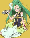  2014 blush brooch choker dated dress food full_body glasses green_eyes green_hair green_haired_cure_(wonderful_net_precure)_(happinesscharge_precure!) hair_ribbon happinesscharge_precure! highres isedaichi_ken jewelry long_hair plate ponytail precure ribbon signature smile solo yellow_background 