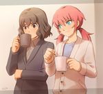  blue_eyes brown_eyes brown_hair cup inazuma_eleven_(series) inazuma_eleven_go kirino_ranmaru long_hair male_focus mizuhara_aki mug multiple_boys pink_hair shindou_takuto standing twintails upper_body 