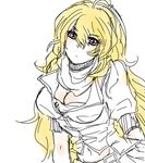  ahoge blush closed_mouth eyebrows_visible_through_hair hair_between_eyes head_tilt long_hair looking_at_viewer navel purple_eyes rwby scarf short_sleeves signalkj simple_background sketch solo stomach upper_body very_long_hair white_background yang_xiao_long 