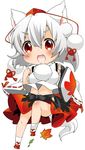  animal_ears berry_jou breasts chibi detached_sleeves fang geta hat inubashiri_momiji large_breasts leaf looking_at_viewer maple_leaf open_mouth pom_pom_(clothes) red_eyes shield short_hair silver_hair simple_background skirt smile solo tail tengu-geta tokin_hat touhou white_background wolf_ears wolf_tail 