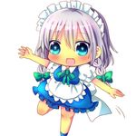  1girl :d bad_id bad_pixiv_id blue_eyes bow braid chibi chocolat_(momoiro_piano) hair_bow hair_ribbon izayoi_sakuya looking_at_viewer maid maid_headdress open_mouth ribbon silver_hair simple_background smile solo standing standing_on_one_leg touhou twin_braids white_background 