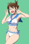  akizuki_ritsuko antenna_hair bikini brown_eyes brown_hair glasses green-framed_eyewear green_background highres idolmaster idolmaster_(classic) midriff navel open_mouth puge sailor_bikini sailor_collar sailor_swimsuit_(idolmaster) solo sweatdrop swimsuit 