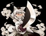  animal_ears bare_shoulders black_background detached_sleeves glowing glowing_eyes grey_hair hat highres inubashiri_momiji mechanization pom_pom_(clothes) red_eyes robot robot_joints ryuu_(multitask) short_hair simple_background solo steam sword tail tokin_hat touhou weapon wolf_ears wolf_tail 
