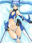  armor armpits asataro bangs bare_shoulders blue_eyes blue_hair cleavage_cutout cowboy_shot crossed_legs elbow_gloves faulds flat_chest floating_hair gloves halterneck headgear hips leotard light_smile long_hair looking_at_viewer magical_girl midriff navel navel_cutout ore_twintail_ni_narimasu revealing_clothes sketch smile solo tailblue thighhighs turtleneck twintails vambraces very_long_hair 