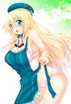  adapted_costume apron aqua_eyes atago_(kantai_collection) bare_arms bare_shoulders blonde_hair blush bra breasts hat kantai_collection large_breasts long_hair looking_at_viewer nearly_naked_apron open_mouth panties pink_bra pink_panties solo tekehiro underwear very_long_hair 