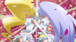  ass ass_grab blonde_hair cure_fortune cure_honey earrings from_behind happinesscharge_precure! haruyama_kazunori hikawa_iona innocent_form_(happinesscharge_precure!) jewelry long_hair magical_girl multicolored multicolored_clothes multicolored_skirt multiple_girls no_panties oomori_yuuko precure purple_hair skirt star very_long_hair wide_ponytail 