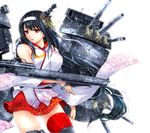  bare_shoulders black_hair breasts cannon catapult detached_sleeves flight_deck floral_print fusou_(kantai_collection) hair_ornament headband japanese_clothes kantai_collection large_breasts lips long_hair nontraditional_miko obi red_eyes sash skirt smile solo sumeragi_hamao turret 