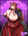  agawa_ryou areolae artist_name big_belly blush breasts choker cleavage demon_horns dress fake_horns gigantic_breasts hairband horns large_areolae long_hair maou_(maoyuu) maoyuu_maou_yuusha nipple_slip nipples plump red_eyes red_hair solo wide_hips 