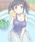  between_legs black_hair blue_eyes blue_swimsuit blush breasts casual_one-piece_swimsuit collarbone food fruit hand_between_legs kantai_collection large_breasts looking_at_viewer one-piece_swimsuit partially_submerged rubber_duck shijimi_kozou short_hair sitting smile solo souryuu_(kantai_collection) swimsuit twintails wading_pool watermelon 