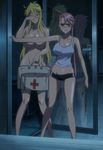  2girls bare_legs blonde_hair breasts censored cleavage convenient_censoring door exhibitionism fang first_aid_kit glasses highres highschool_of_the_dead large_breasts long_hair marikawa_shizuka midriff multiple_girls nude pink_hair reflection ribbon screencap sleepwear stitched takagi_saya tank_top twintails underwear yellow_eyes 