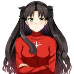  black_hair blush crossed_arms fate/stay_night fate_(series) frown green_eyes highres isshiki_(ffmania7) solo toosaka_rin two_side_up 