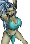  1girl blue_hair breasts cleavage large_breasts long_hair lupa marvel navel piercing ponytail solo white_background wolf_girl 