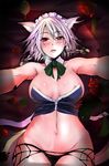  animal_ears areola_slip areolae braid breasts cat_ears cat_tail flower halloween halloween_costume highres izayoi_sakuya kemonomimi_mode large_breasts maid_headdress navel pondeomaru red_eyes red_flower red_rose rose silver_hair solo tail touhou twin_braids 