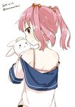  bra bunny hair_tubes kantai_collection looking_at_viewer looking_back muku_(muku-coffee) petting pink_bra pink_eyes pink_hair sazanami_(kantai_collection) school_uniform serafuku simple_background strap_slip twintails underwear white_background 