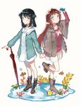  bad_id bad_pixiv_id black_hair blue_eyes boots brown_hair buun_ko cardigan casual closed_umbrella fashion fish hair_ornament holding_hands long_hair looking_at_viewer mukaido_manaka multiple_girls nagi_no_asukara planted_umbrella sea_slug shawl shiodome_miuna silver_eyes smile umbrella 