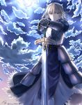  ahoge armor armored_dress artoria_pendragon_(all) bad_id bad_pixiv_id blonde_hair cloud dress excalibur fate/stay_night fate_(series) full_moon gauntlets green_eyes hair_ribbon hands_on_hilt highres moon nrbwrbsn planted_sword planted_weapon ribbon saber solo sword weapon 